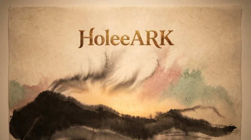전통 수묵화 스타일의 한지 배경에 금빛 HoleeARK 로고가 새겨진 '영광의 주 찬양하세' 앨범 커버 이미지.