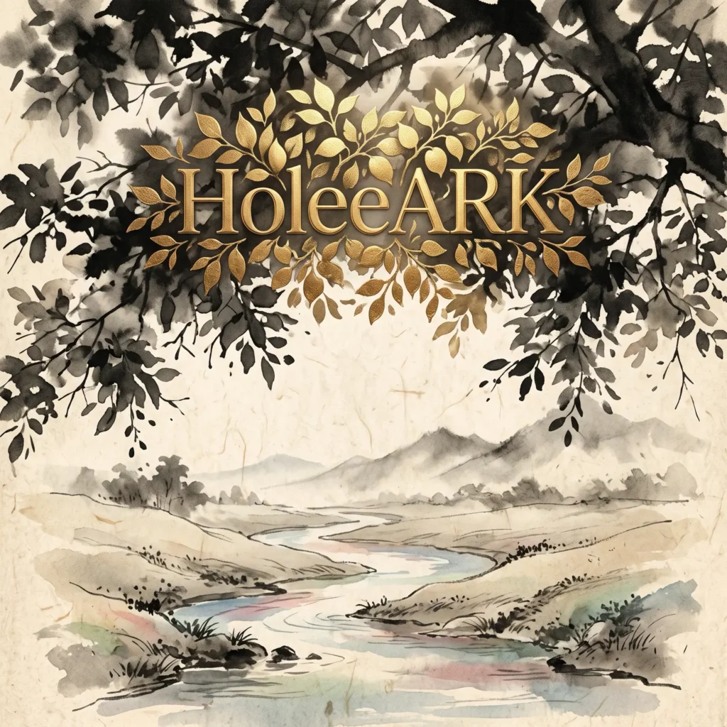 HoleeARK 신곡 '주님 나를' 앨범 커버 - 전통 한지에 수묵화 기법으로 표현된 쉴 만한 물가와 엠보싱 금빛 로고