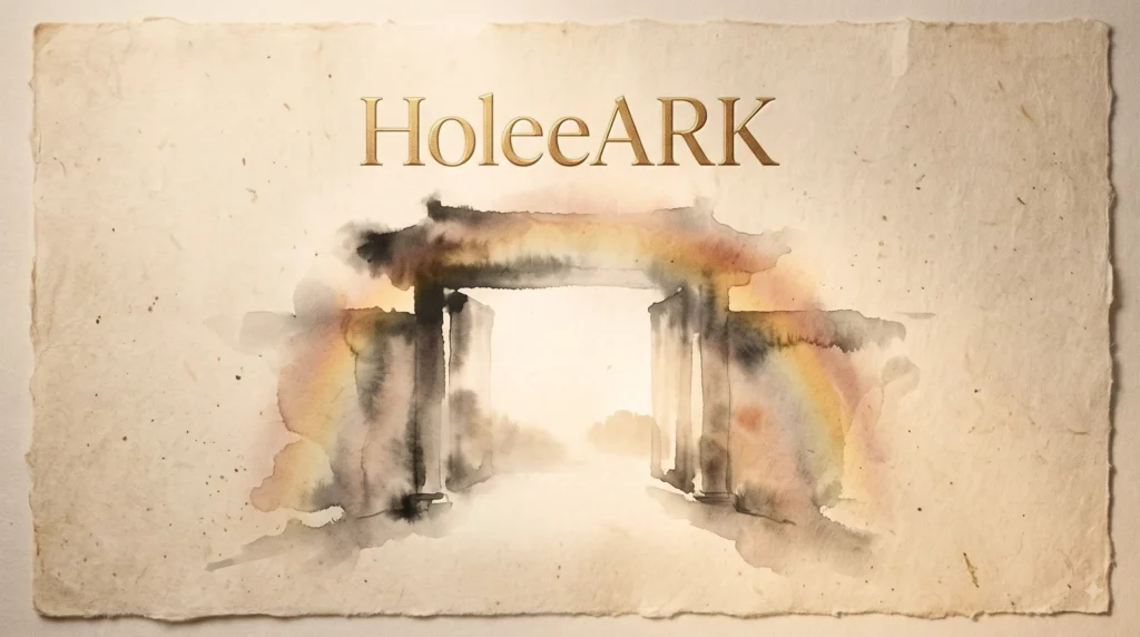 HoleeARK CCM 찬양 낙원의 문 앨범 커버 수묵화 한지 배경 무지개를 두른 열린 천국 문